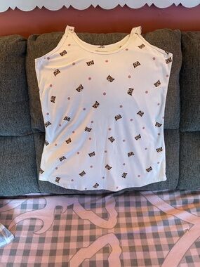 No Boundaries White Tank Top with Cat Faces and Pink Dots